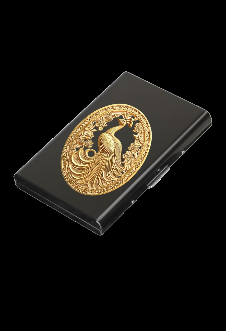 Black metal card case with gold peacock medallion relief
