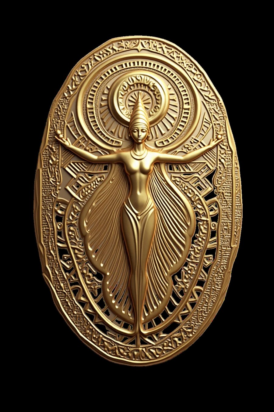 Egyptian-motif gold oval pendant of a winged goddess figure